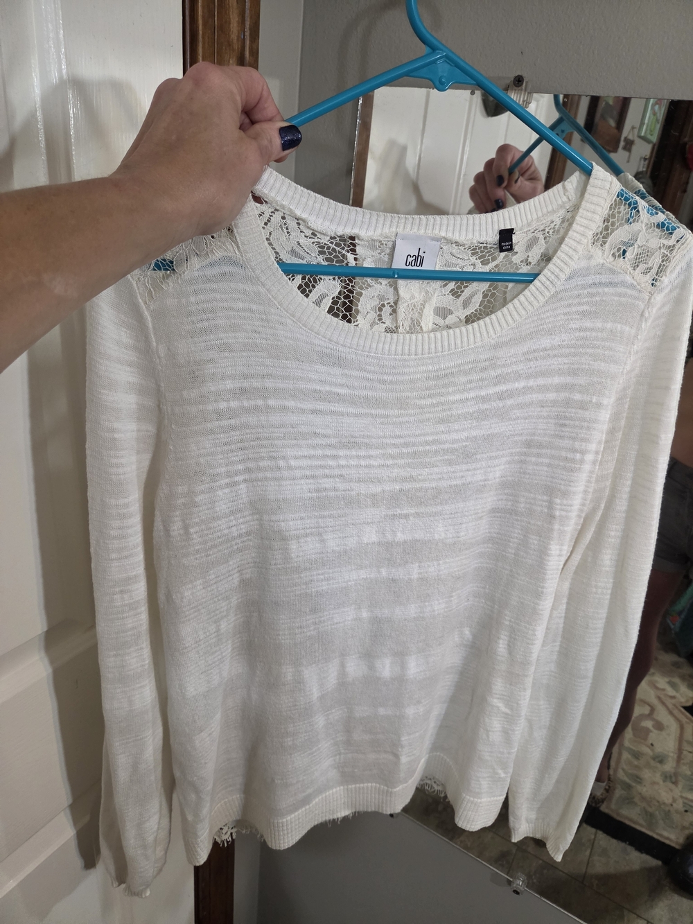 CAbi White Lace-Shoulder Lightweight Sweater
